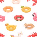 Seamless childish pattern with inflatable swimming rubber rings on white background. Endless repeatable texture with