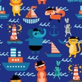 pirates and sailor attributes in cartoon style on blue background. Creative kids texture for fabric, wrapping, wallpaper