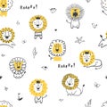 Seamless childish pattern with little lion, king of jungle