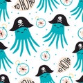 Seamless childish pattern with octopus pirate, compass and lettering YOHOHO. Vector illustration