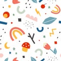 Seamless childish pattern with rainbow, mushroom, branch, star, flower and geometric elements. Vector Royalty Free Stock Photo