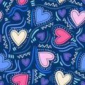 Seamless childish pattern with trendy heart. Creative scandinavian style isolated on blue background. Vector colorful love for