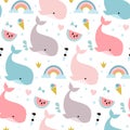 Seamless childish pattern with whales. Creative kids hand drawn texture for fabric, wrapping, textile, wallpaper, apparel. Vector