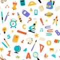 Seamless childish school pattern. Cute doodle kids texture for fabric, wrapping, textile. Vector flat illustration.