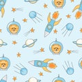Seamless childish space pattern with cute dogs astronauts, rockets, stars, planets. Royalty Free Stock Photo