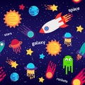 Seamless children cartoon space pattern with rockets, planets, stars, the dark night sky background. Vector illustration Royalty Free Stock Photo