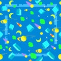 Seamless children cartoon space pattern with rockets, planets, stars and dashed traces over the dark night sky Royalty Free Stock Photo