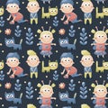 Seamless children cute pattern made with cats, kids, toys, flowers, babies