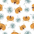 Seamless children pattern with cartoon tiger and tropical leaves.