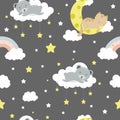 Seamless children pattern with cat, bear, lion, clouds, moon and stars. Creative kids texture for fabric, wrapping