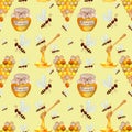 Seamless children`s pattern with bees, a jar of honey, a wooden spoon, honeycomb heart on a beige cream background