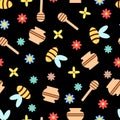 Seamless children\'s pattern on a black background. Bees, honey and a honey pot Royalty Free Stock Photo