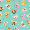 Seamless children\'s pattern on a green background. A dummy with animals. Pacifier for children