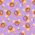 Seamless children\'s pattern on a purple background. A dummy with a bear. Pacifier for children