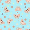 Seamless children's pattern on a blue background. A dummy with a lamb. Pacifier for children