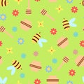 Seamless children's pattern on a green background. Bees, honey and honey pot, flowers