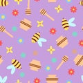 Seamless children's pattern on a purple background. Bees, honey and honey pot, flowers