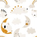 Seamless childrens hand-drawn pattern with cute sleeping animals, clouds and moons. Creative trendy kids texture for