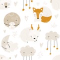 Seamless childrens hand-drawn pattern with cute sleeping animals, clouds, moons and stars. Creative kids texture for