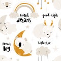 Seamless childrens hand-drawn pattern with cute sleeping animals, clouds, rainbow and stars. Creative kids texture for