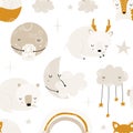 Seamless childrens hand-drawn pattern with cute sleeping animals, clouds, rainbow and stars. Creative kids texture for