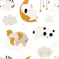 Seamless childrens hand-drawn pattern with cute sleeping animals, clouds and stars. Creative trendy kids texture for