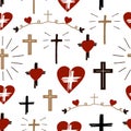 Seamless christian colorful pattern with crosses and hearts.