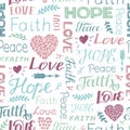 Seamless Christian Colorful Pattern With Hand Lettering Words Faith, Hope, Love, Peace And Hearts