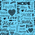 Seamless christian pattern with hand lettering words Faith, Hope, Love, Peace and hearts Royalty Free Stock Photo