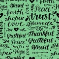 Seamless christian pattern with hand lettering words Trust, Hope, Love, Faith, Blessed, Thankful.