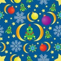 Seamless Christmas abstract pattern with fir trees, new year balls, month, snowflakes on a blue background. Royalty Free Stock Photo