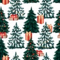 Seamless Christmas background with decorative Christmas trees and gift boxes. Royalty Free Stock Photo