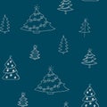 Christmas background. New Year's pattern with Christmas trees. Doodles trees on a blue background. Pattern for gift
