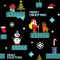 Seamless christmas background with pixel santa claus, deer and snow man in video game.