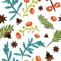 Seamless Christmas background. Tile botanical pattern. Vector illustrated tiled wallpaper. Decorative wrapping paper texture