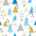 Seamless Christmas blue and golden trees pattern in retro style Royalty Free Stock Photo