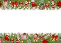 Seamless christmas border with pine branches, toys, gift boxes and decorations Royalty Free Stock Photo