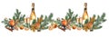 Seamless Christmas border with still life with champagne, tangerines, Christmas gingerbreads, cinnamon and fir branches. Royalty Free Stock Photo