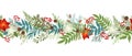 Seamless Christmas border with winter plants and floral, poinsettia, holly berries, mistletoe, pine and fir branches Royalty Free Stock Photo