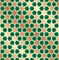 Seamless Christmas green and gold star wrapping paper pattern. Christmas star pattern background. Royalty Free Stock Photo