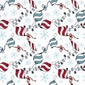Seamless Christmas and Happy New Year pattern with decorations, snowflakes and garlands on white background Royalty Free Stock Photo