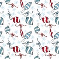 Seamless Christmas and Happy New Year pattern with decorations, snowflakes and ribbons on white background Royalty Free Stock Photo