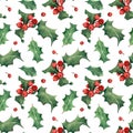 Seamless christmas holly berries pattern. Watercolor background with green leaves, red berry for new year and winter holidays Royalty Free Stock Photo