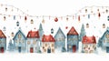 Seamless Christmas image. Houses, garlands, snow. Watercolor style. AI generated