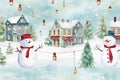 Seamless Christmas image. Houses and snowmen. Watercolor style. AI generated.