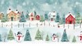 Seamless Christmas image. Houses and snowmen. Watercolor style. AI generated.