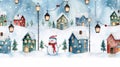 Seamless Christmas image. Houses and snowmen. Watercolor style. AI generated.