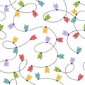 Seamless Christmas lights pattern with colorful watercolor garland of light pig bulbs Royalty Free Stock Photo