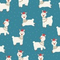 Seamless Christmas and New Year pattern with alpaca and snowflakes and winter elements. Backdrop for wallpaper, print