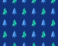 Seamless Christmas and new year pattern in vector. Blue and green Christmas trees on dark background. Winter background in flat Royalty Free Stock Photo